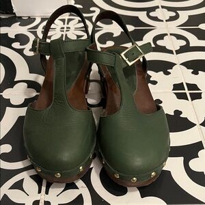 Women's Green Leather T-Strap Clog Mules